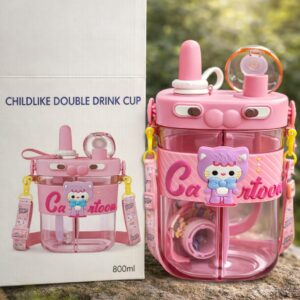 Kids Cartoon Water Bottle with Strap – 800 ml (Purple / Pink)